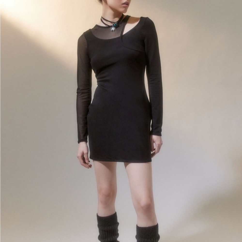 NWT Urban Outfitters Unique Asymmetrical Mesh Neck Arm Bodycon Dress XS Black